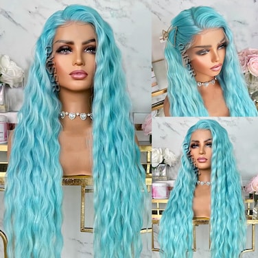 Light Blue Lace Front Wigs Loose Curly Wave Hair Wig Pre Plucked Glueless Blue Wig Long Wavy Synthetic Lace Front Wigs For Women
