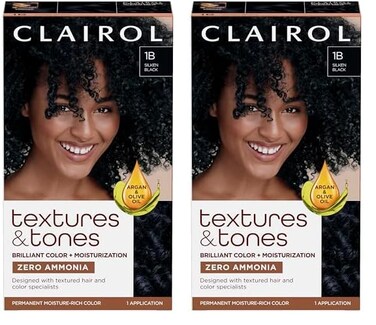 Clairol Textures &amp; Tones Permanent Hair Dye, 1B Silken Black Hair Color, Pack of 2