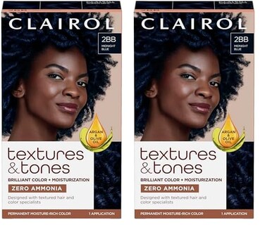 Clairol Textures &amp; Tones Permanent Hair Dye, 2BB Midnight Blue Hair Color, Pack of 2
