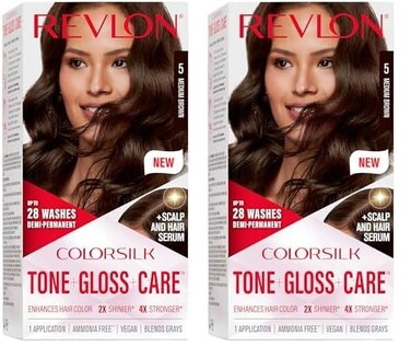 Revlon ColorSilk Tone + Gloss + Care Demi Permanent Hair Color, Hair Dye with Leave in Scalp and Hair Serum, 2x Shinier, 4x Stronger, 5 Medium Brown, 4.5 fl. oz (Pack of 2)