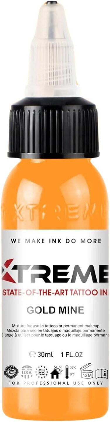 Xtreme Tattoo Ink, Versatile Medium Viscosity for Precision Tattooing, Rich Hue, Quick Healing, Acrylic-Free, Water Based and Premium Quality - Ready-to-Use Tattoo Ink (Gold Mine, 1 oz)