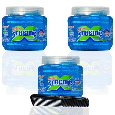 Xtreme Hair Gel Blue 8.8oz Pack of 3 with Comb - Extreme Hold Wetline Xtreme Styling Gel for Hair, Premium Blue Gel Tub