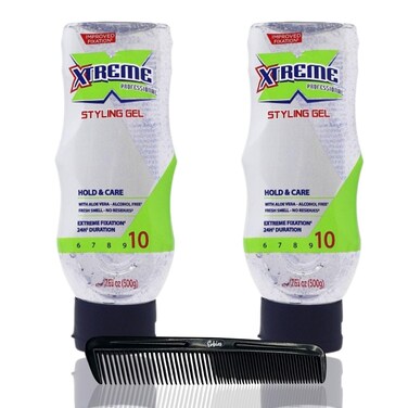 Xtreme Hair Gel Squeeze(Transparent) 17.64oz (Pack of 2) with Complimentary Comb - Extreme Hold Wetline Xtreme Styling Gel for Hair