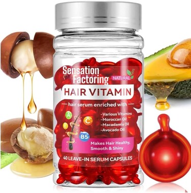 Hair Vitamin Serum Capsules - Leave-In No-Rinse Natural Hair Treatment Serum with Argan, Macadamia, Avocado Oils &amp; Vitamins A, C, E, B5 - Smooth, Strengthen &amp; Hydrate - All Hair Types - 40 Caps, Red