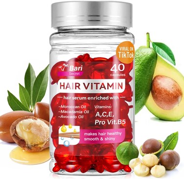 Hair Vitamins Treatment Oil Capsule - no Rinse with Argan Macadamia Avocado Oils - Vitamins A C E Pro B5 - Hair Serum Oil Capsule for Women &amp; Men - 40 Capsules, Red