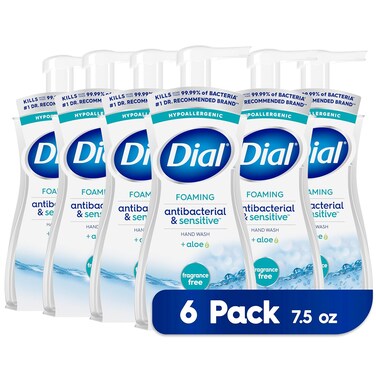 Dial Antibacterial &amp; Sensitive Foaming Hand Wash, Fragrance Free, 7.5 fl oz Pack of 6