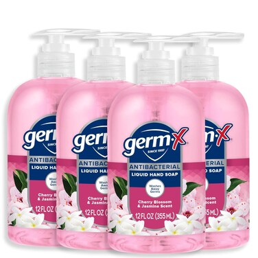 Germ-X Antibacterial Hand Soap, Moisturizing Liquid Hand Wash for Kitchen or Bathroom, pH Balanced &amp; Dermatologist Tested, Jasmine &amp; Cherry Blossom, 12 oz Pump Bottle (Pack of 4)