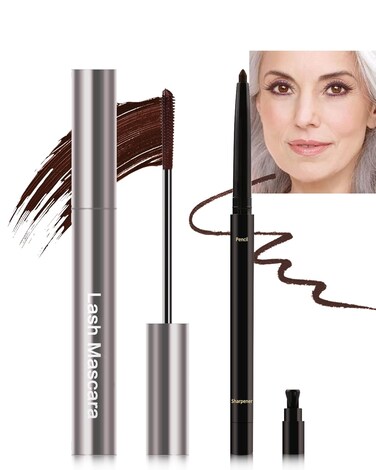 Brown Mascara &amp; Eyeliner Set for Older Women 60 Plus, Tubing Mascara Volume and Length, Cream Waterline Eyeliner Gel Pencil, for Thinning Lashes, Sensitive Eyes, Waterproof Smudge Proof Long Lasting