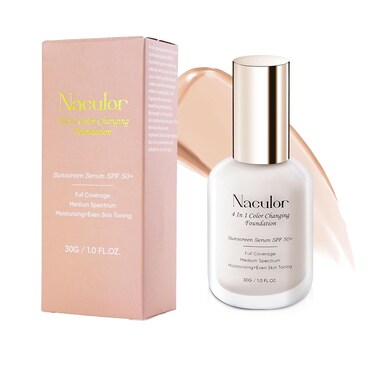 Foundation 4 in 1 - Medium Spectrum with SPF 50+,Multi-Use Liquid Makeup,Color Changing,Hydrating&amp;Concealer&amp;Sun Protection&amp;Primer,Lightweight for Gym,Sports.