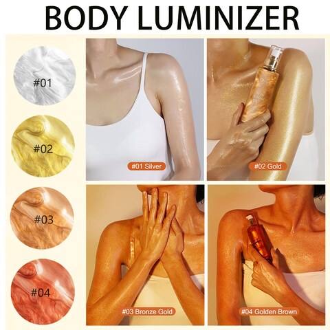 Body Shimmer Oil Bronze Gold 4 Color Face Brighten Body Luminizer Glow For Face &amp; Body, Summer Glow Highlighter Liquid Illuminator Body Makeup Glitter Body Oil with Brush (#3, 2.8 Fl Oz)
