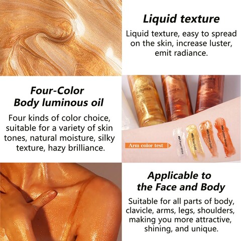 Body Shimmer Oil Bronze Gold 4 Color Face Brighten Body Luminizer Glow For Face &amp; Body, Summer Glow Highlighter Liquid Illuminator Body Makeup Glitter Body Oil with Brush (#3, 2.8 Fl Oz)