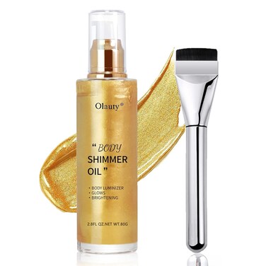 Body Shimmer Oil Gold 4 Color Face Brighten Body Luminizer Glow For Face &amp; Body, Summer Glow Pearl Highlighter Liquid Illuminator Body Makeup Shimmer Body Oil with Brush (#2, 2.8 Fl Oz)