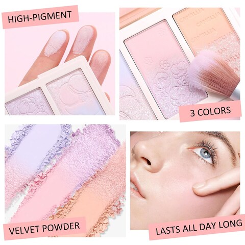 Boobeen Blush Contour Highlighter Makeup Palette - 3 Color Shimmer or Matte Powder Palette for Blush, Highlighting, Bronzer &amp; Glowing the Face