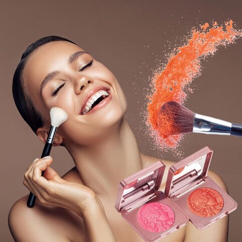 2pcs Embossed Smooth Powder Blush Palette For Cheeks,Embossed Girl Blush for Cheeks,Matte Face Powder Blush Palette,Natural Makeup (Pink+Orange)