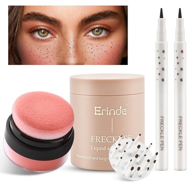 Erinde Natural Freckle Blush Makeup Kit - Liquid Freckle Pen &amp; Fake Freckles Stamp Air Cushion &amp; Powder Cushion Blush, Long Lasting Waterproof Freckles Tattoo Marker for Natural Sunkissed Makeup