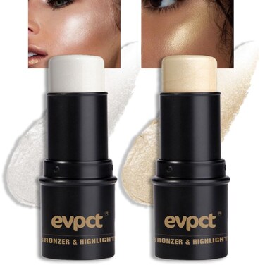 evpct 2Pcs Face Cream Makeup Highlighter Highlight Contour Stick Pearl White &amp; Gold Glitter Contouring Highlighter Makeup Stick and Contour Illuminator Highly Piamented Long Lasting Skin Brighten 9+12