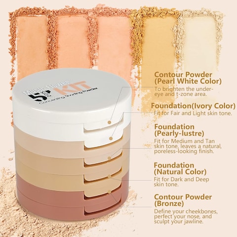 5 Colors Long-Lasting Lightweight Multi-layer Matte Loose Setting Powder Pressed Face Makeup Concealing Shading Powder Foundation for All Skin Tones, Minimizes Fine Lines &amp; Imperfections