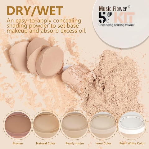 5 Colors Long-Lasting Lightweight Multi-layer Matte Loose Setting Powder Pressed Face Makeup Concealing Shading Powder Foundation for All Skin Tones, Minimizes Fine Lines &amp; Imperfections