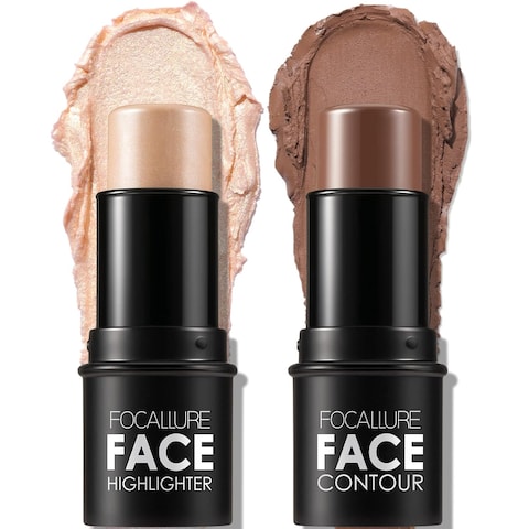 FOCALLURE 2 Pcs Mineral Cream Contour Stick,Moisturize Highlighter and Bronzer Pen,Non Stick Face Brightens &amp; Shades Pencil,Long Lasting &amp; Smooth Gliding Face Illuminator Makeup,Tan