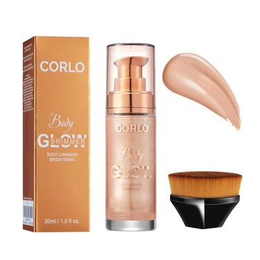 Body Shimmer Oil Liquid Glitter Face Luminizer Glow Body Highlighter Waterproof Long Lasting Moisturizing Body Luminizer Face Body Prom Party Makeup Brush Include(Rose Gold, Body Oil)