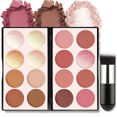 16 Colors Blush Contour Highlighter Makeup Palette, All-in-One Shimmer Silky Matte Mineral Blush Powder Palette, Face Sculpting Bronzer Blusher Illuminator Palette for a Natural Glowing