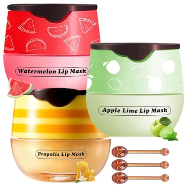 3 PCS Lip Balm Honey Pot, Honey &amp; Apple Lime &amp; Watermelem Lip Mask Vitamin E &amp; Moisturizing Propolis Sleeping Lip Mask Prevention Dry and Cracked Lip Scrubs Exfoliator, Christmas Gifts