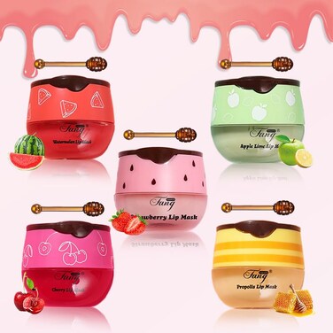 5PCS Bee Lip Balm Honey Pot，Honey&amp;Strawberry&amp;Watermelon&amp;Cherry&amp;Apple Lip Mask Overnight Propolis Moisturizing Lip Balm Hydrating Prevention Dry and Crack Lip Scrubs Exfoliator Lip Wrinkle Care