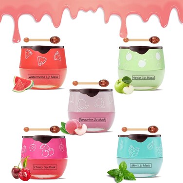 5PCS Bee Lip Balm Honey Pot，Mint&amp;Juicy Peach&amp;Watermelon&amp;Cherry&amp;Apple&amp;Coconut Lip Mask Overnight Propolis Moisturizing Lip Balm Hydrating Prevention Dry and Crack Lip Scrubs Exfoliator Lip Wrinkle Care