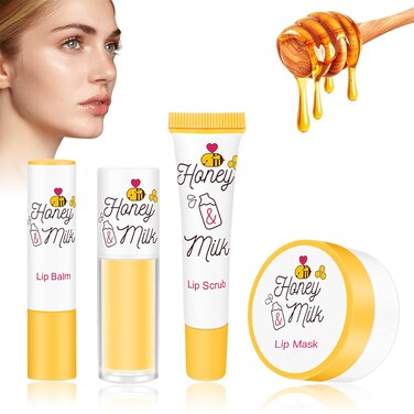4 Piece Honey Milk Lip Mask Lip Balm Lip Scrub Lip Oil Lip Care Kit, Moisturizing &amp; Nourishing Dry and Cracked Lips, Overnight Sleeping Lip Exfoliator Lip Moisturizer Lip Repair