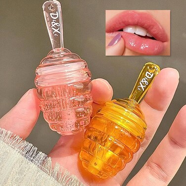 2 PCS Moisturizing Honey Pot Lip Oil Lip Gloss, Natural Honey Sleeping Lip Mask, Lip Balm, Hydrating &amp; Prevention Dry &amp; Cracked Lip Scrubs Exfoliator, Winter Lip Care Products(Peach+Honey)