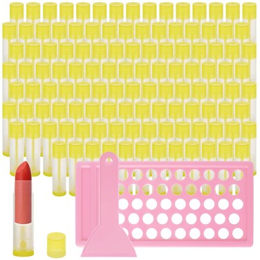 200PCS Lip Balm Tubes and Filling Tray and Spatula Set, Clear Lip Balm Container Tubes with Yellow Caps Empty Chapstick Tubes Empty Bulk for DIY Lipstick Homemade 3/16 Oz (5.5 ml)