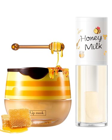 2Pcs Bee Lip Balm Honey Pot Lip Mask &amp; Lip Glowy Oil Lip Care Set, Propolis Moisturize &amp; Nourish Lip Gloss Repair Treatment , Reduce Lip Line &amp; Protect &amp; Plump Dry Cracked Lip Scrub Exfoliator -Set A