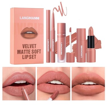 Jolilab 3 in 1 Matte Velvet Lipstick Set-Lip Liner, Lip Gloss and Lipstick, Waterproof Longlasting Pigment Nude Non-Stick Cup Women Lip Makeup, Perfect for Natural Lip Contour(SET 2, 1)