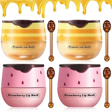 4PCS Strawberry &amp; Honey Lip Balm, Vitamin E Moisturizing Propolis Sleeping Lip Mask, Effective Reduces Lip Lines Prevention Dry and Cracked Lip Scrubs Exfoliator Smoothing Dry Lip Care