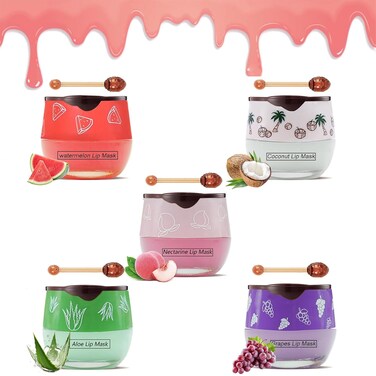 5PCS Bee Lip Balm Honey Pot，Peach&amp;Grape&amp;Aloe&amp;Coconut&amp;Watermelon Lip Mask Overnight Propolis Moisturizing Lip Balm Hydrating Prevention Dry and Crack Lip Scrubs Exfoliator Lip Wrinkle Care