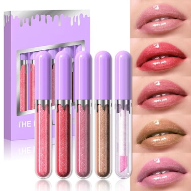5Pcs Glitter Liquid Lip Gloss Set, Diamond Shimmer Lipstick Lip Glaze, Light Pink Rose Crimson Orange Red Maple Brown Cherry Pink Shiny Glitter Glossy Shimmery Finish Waterproof Lip Gloss 03