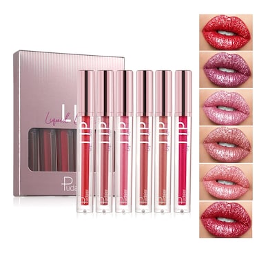 Glitter Lipgloss Set with Gift Box, 6 Colors Red Purple Rose Pink Sparkly Glossy Waterproof Colourful Glitter Shimmer Liquid Lipstick Set, Vegan &amp; Cruelty Free Nonstick Cup Makeup Lip Gloss