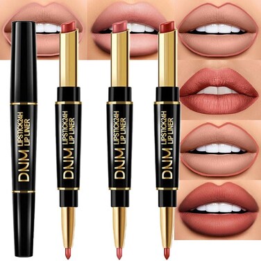 evpct 3Pcs Nude Beige Light Brown Rose Gold Lip Liner and Lipstick Set for Women DNM Matte 24 Hour Lipstick Pen and with Lip Liner Pencil Set Long Lasting 24 labial labiales mate 24 horas originales