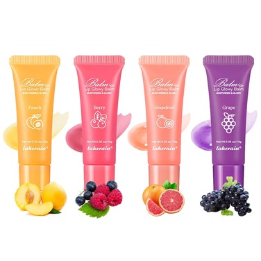 Lip Glowy Balm,4 Pack Fruit Glowy Lip Balm,Vitamin E Lip Glowy Balm Set Reduce Lip Lines, Enhance Lip Color,Moisturizing &amp; Plump Quickly Replenishing Moisture and Relieving Dry Lips