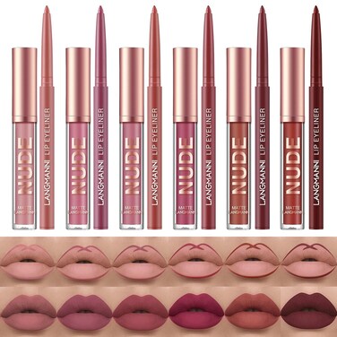 URQT 12pcs Lip Liner and Lipstick Set, 6 Velvety Matte Liquid Lipsticks + 6 Matching Smooth Lip Liner One Step Lips Long Lasting Waterproof Makeup Kits Gift Set