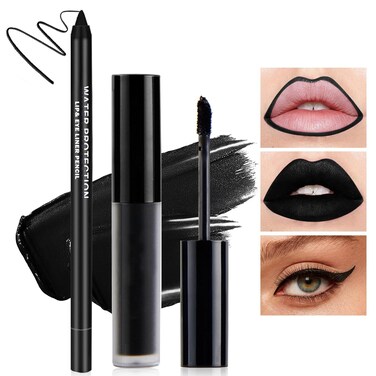 Black Matte Lipstick Lip Liner Set Liquid Lipstick High Pigmented Long Lasting Waterproof Goth Makeup Halloween Lip Gloss Lip Stain for Cosplay Gothic Rock Style