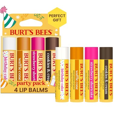 Burt's Bees Lip Balm Party Pack - Birthday Cake, Waffle Cone, Strawberry Shortcake, and Cookies &amp; Cream, All Day Moisturizer, Tint-Free, Natural Origin Conditioning Lip Treatment, 4 Tubes, 0.15 oz.
