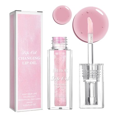 Magic Color Changing Lip Oil, Warm Change Lip Gloss, Nourishing Lip Glow Oil Upgraded Big Brush Head Moisturizing Lip Oil Long Lasting &amp; Non-Sticky Primer Lip Tint (Pink)