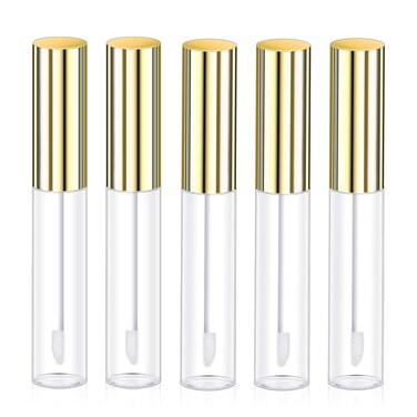 Molain 5PCS Empty Lip Gloss Tubes, 10ml Refillable Cosmetic Containers Bottles Lip Balm Bottles with Wand Concealer for Lipstick Samples, Lip Balms(Gold tube cap)