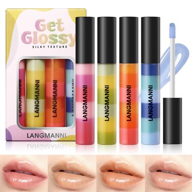 4 Pack Get Glossy Lip Oil Set - Hydrating, Long-Lasting Lip Gloss with Silky Texture - Moisturizing, Non-Sticky Formula for Soft, Shiny Lips - for All Skin Tones and Daily Wear