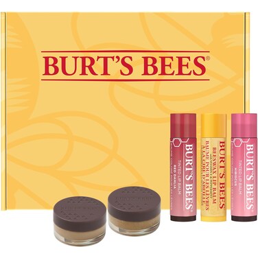 Burt's Bees Lip Care &amp; Color Gifts Kit - Original Beeswax Moisturizing Lip Balm, Hibiscus &amp; Red Dahlia Tinted Stain + Balm Duos, Conditioning Scrub &amp; Overnight Sleeping Mask Exfoliator
