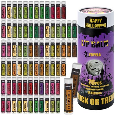 76 Packs Halloween Lip Balm,18 Flavors Natural Lip Balm in Bulk, Moisturizing Stocking Dry Lips, Men Women Kids Party Gifts, Lip Care Product with Gift Card