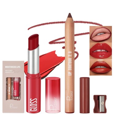 2Pcs Lip Liner and Lipstick Combo, Highly Pigmented Lip Liner and Lipstick Set for women, Long Lasting Matte Lip Pencil and Hydrating Lip Balm Lip Gloss Makeup Kits with Sharpener