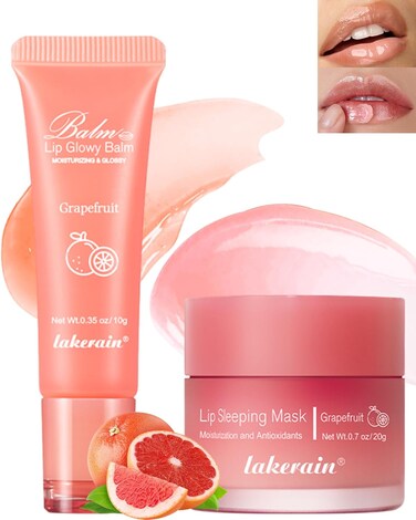 2Pcs Lip Glowy Balm &amp; Lip Sleeping Mask,Hydrating Repair Sleeping Lip Mask,Glossy Tinted Lip Balm,Smooth Cracked Chapped Lip,Lip Care Therapy Treatment,Women's Day Makeup Gift for Women-Grapefruit