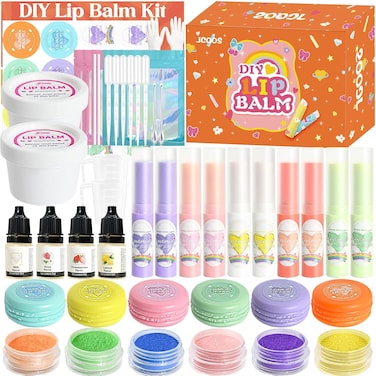 Lip Balm Making Kit, JCOOS Make Your Own Lip Balm, DIY Kids Lip Balm, Lip Gloss Making Kit, Beeswax, Shea Butter, Flavor Oil, Lip Balm Tubes, Moisturizing Lip Balm, Crafts for Girls, Tween Girls Gifts